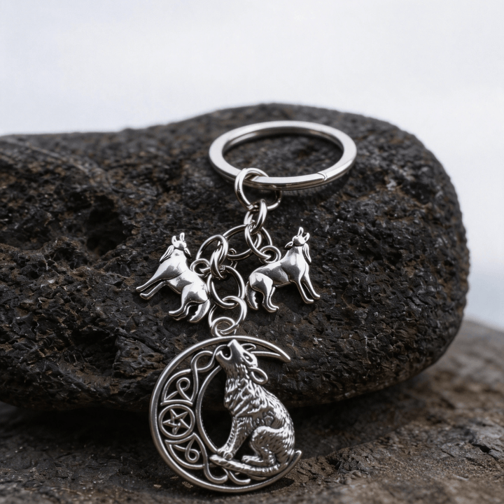 WorldNorse Wolf Howling Crescent Moon Keychain - Wolf - image 0