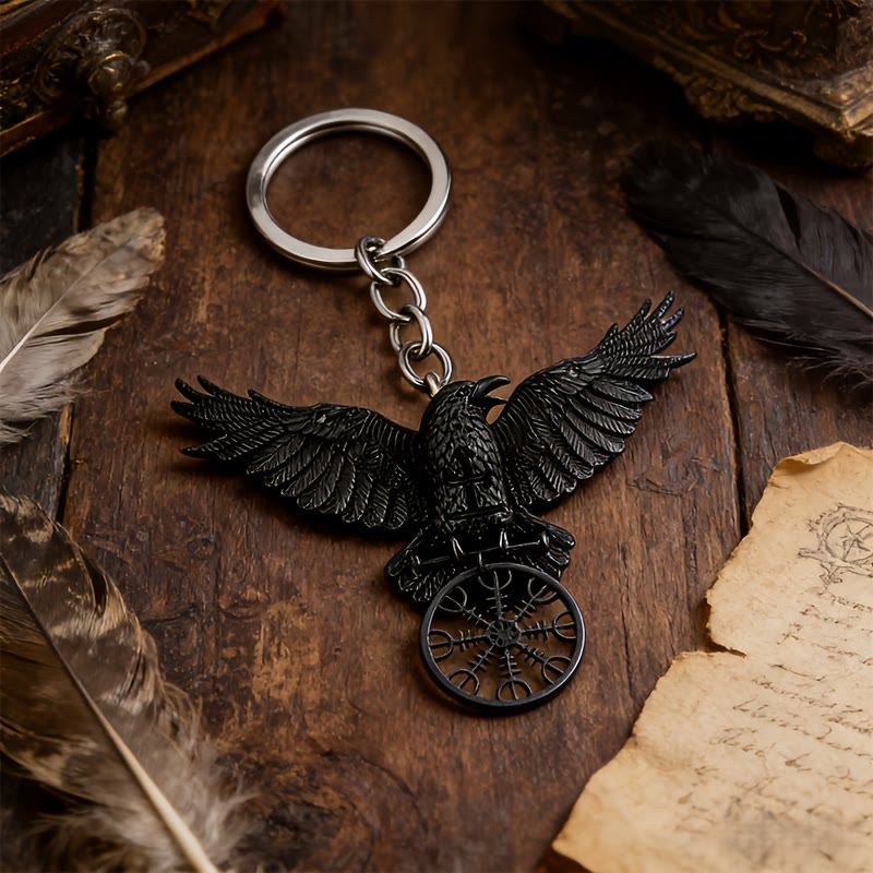 WorldNorse Viking Raven Odin Crow Vegvisir Compass Pendant Keychain / Necklace - Keychain#Black - image 0