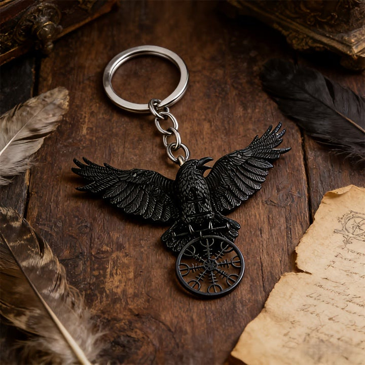 WorldNorse Viking Raven Odin Crow Vegvisir Compass Pendant Keychain / Necklace - Keychain#Black - image 0