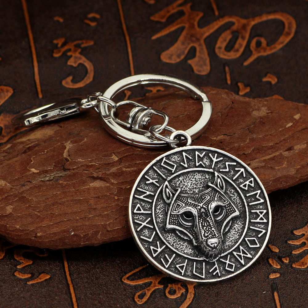 WorldNorse Rune Border Wolf Head Keychain - image 1