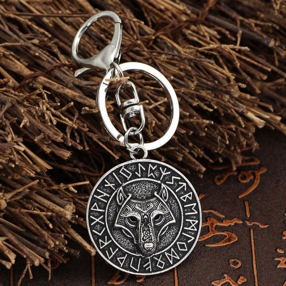 WorldNorse Rune Border Wolf Head Keychain - Wolf - image 0