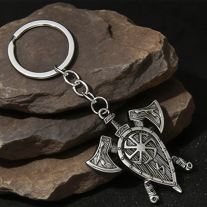 WorldNorse Dual Axe Shield Emblem Keychain - Silver - image 1