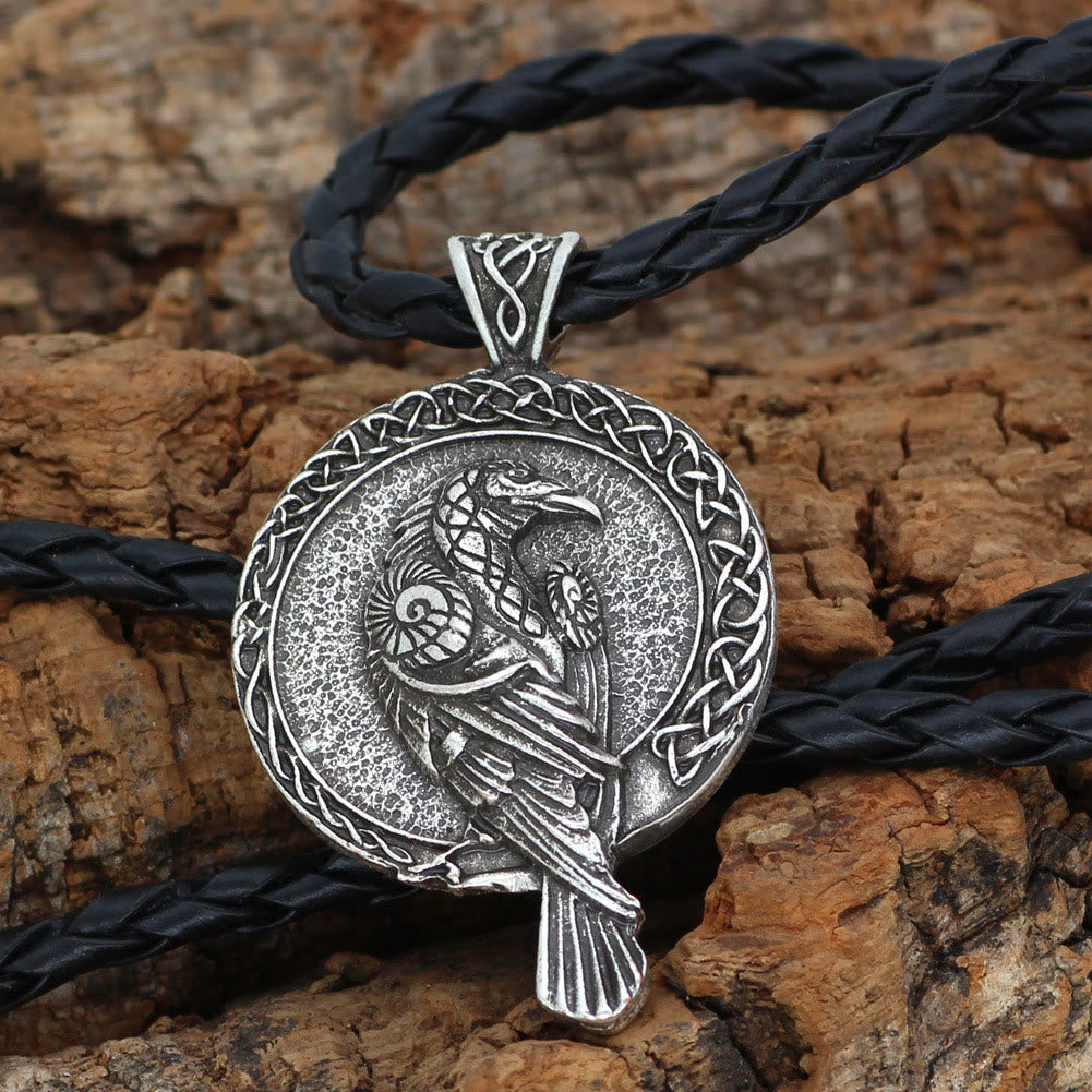 WorldNorse Double Sided Antique Odin Raven Celtic Knot Necklace - Retro Silver - Leather Rope - image 3