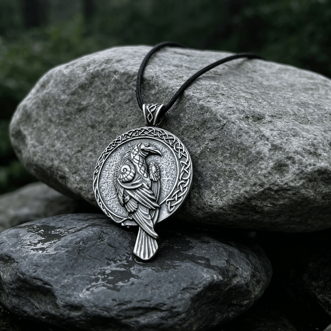 WorldNorse Double Sided Antique Odin Raven Celtic Knot Necklace - Retro Silver - Waxed Rope - image 5