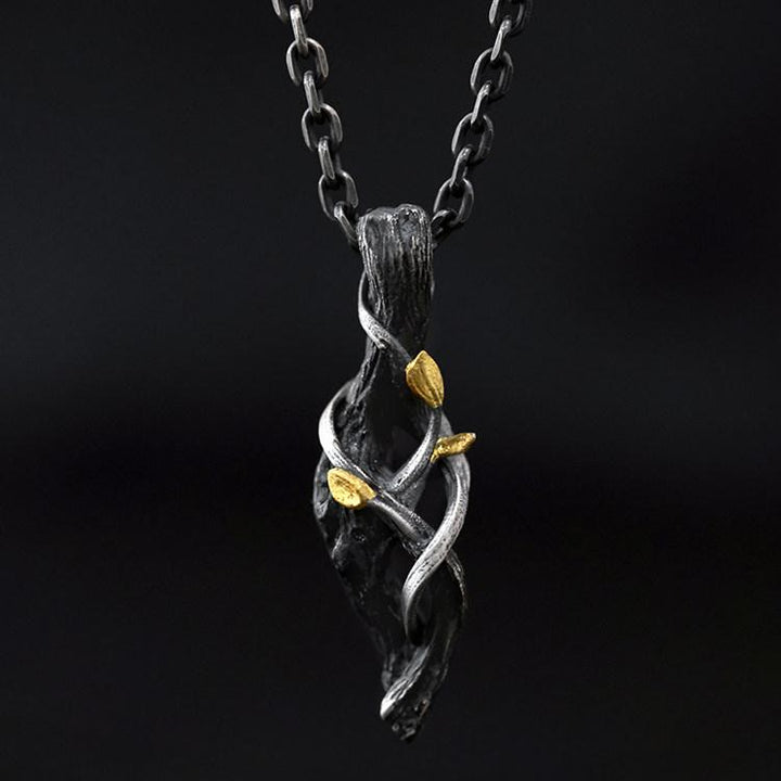 WorldNorse Handcrafted 999 Silver Withered Wood Twisted Vine Gold Leaf Necklace - With 55cm Silver Chain - image 0