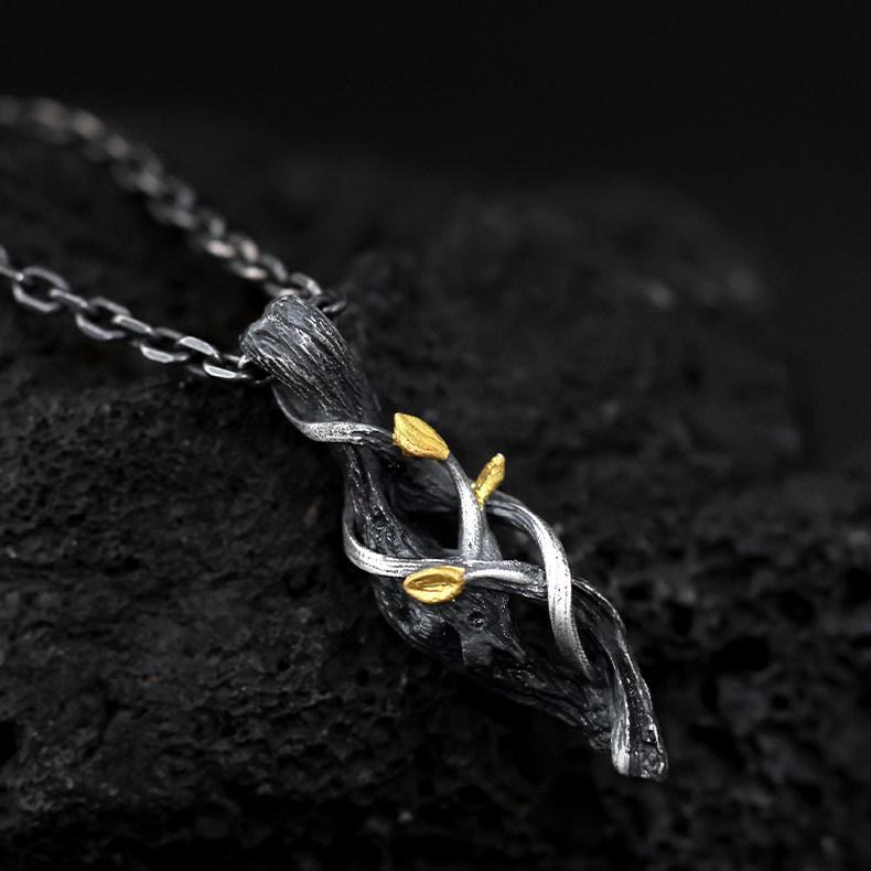 WorldNorse Handcrafted 999 Silver Withered Wood Twisted Vine Gold Leaf Necklace - image 3