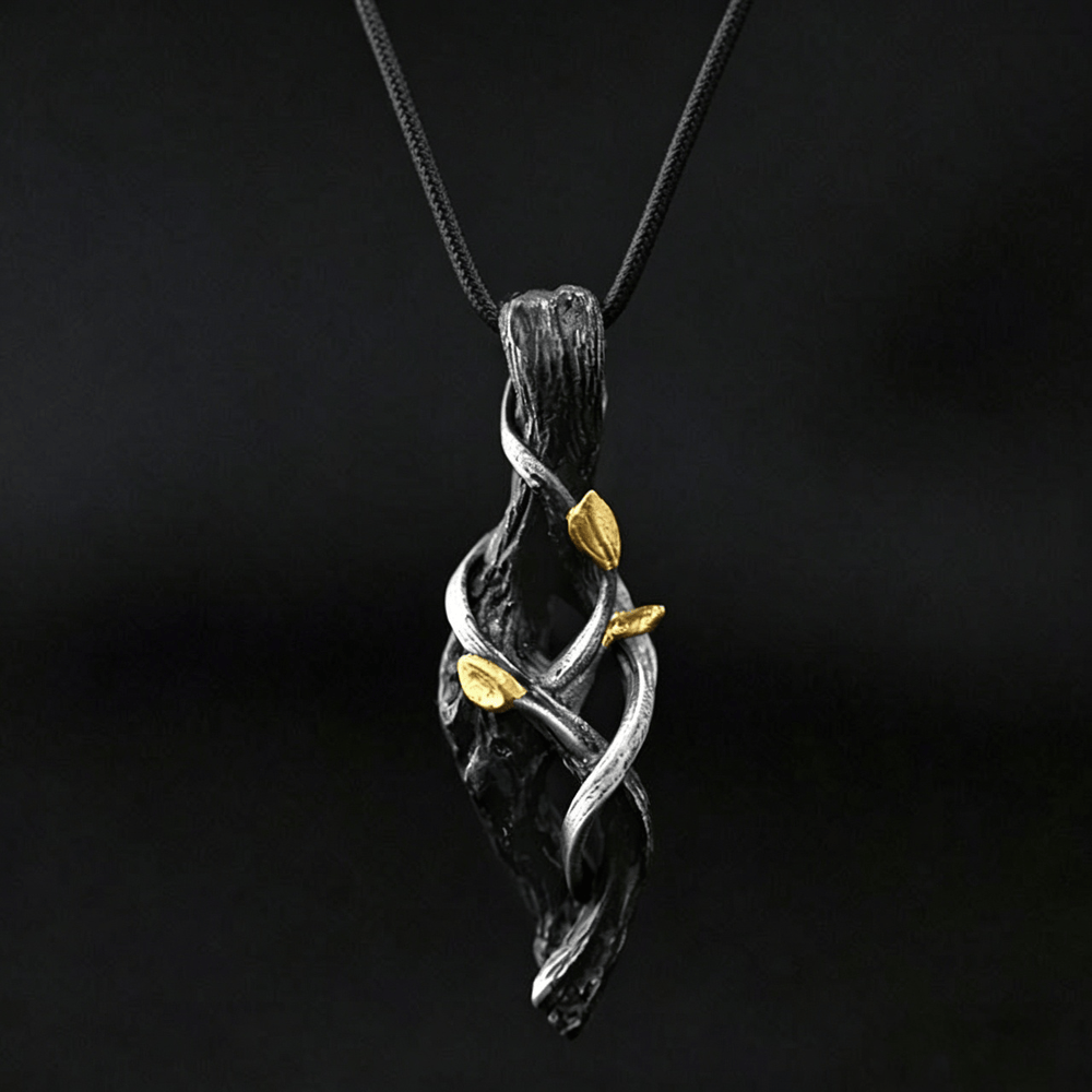 WorldNorse Handcrafted 999 Silver Withered Wood Twisted Vine Gold Leaf Necklace - With 55cm Waxed Rope - image 1