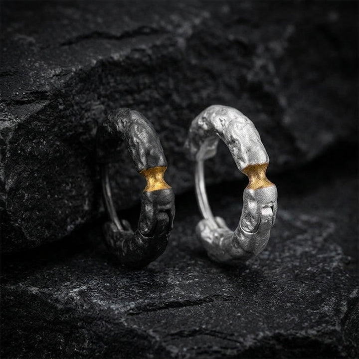 WorldNorse Handcrafted 999 Silver Rugged Rock Inlaid Gold Waist Earrings - A Pair#Black＋White - image 5