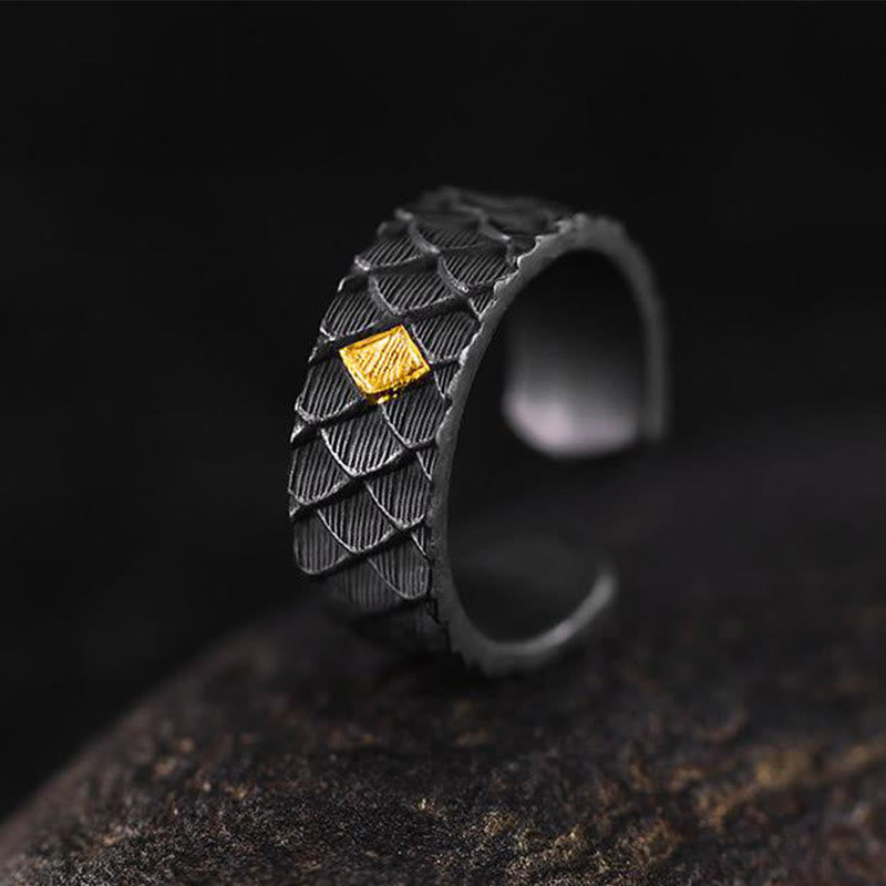WorldNorse Handcrafted 999 Silver Embossed Dragon Scale Inlaid Gold Open Ring - 7.7mm - YES PLEASE - image 0