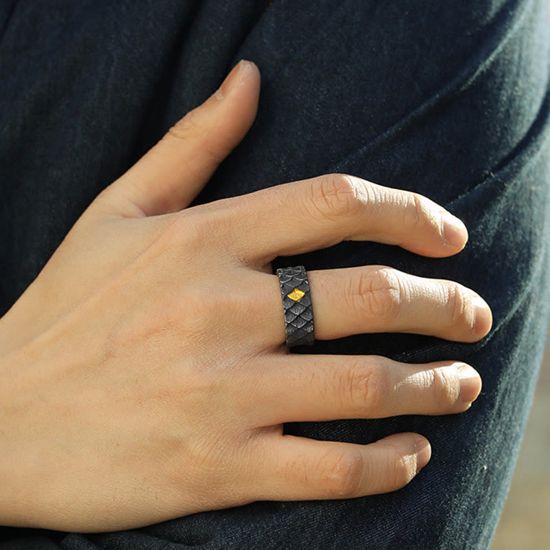 WorldNorse Handcrafted 999 Silver Embossed Dragon Scale Inlaid Gold Open Ring - image 1